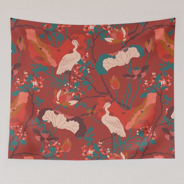Item preview, Crane Blossom Floral in Red + Rust Orange designed and sold by YesterdayColl.