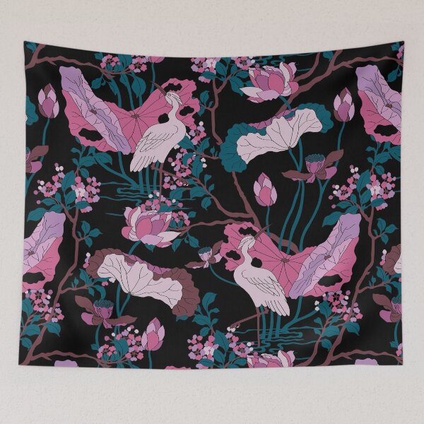 Item preview, Crane Blossom Floral in Black + Mauve designed and sold by YesterdayColl.