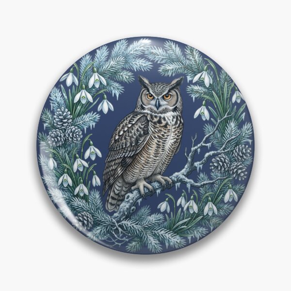 Item preview, Winter Great Horned Owl with Snowdrops and Pinecones designed and sold by BirdsnStuff.