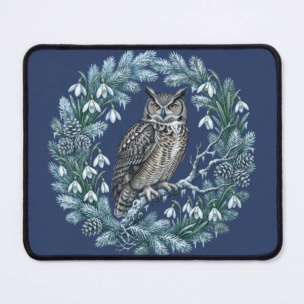 Item preview, Winter Great Horned Owl with Snowdrops and Pinecones designed and sold by BirdsnStuff.