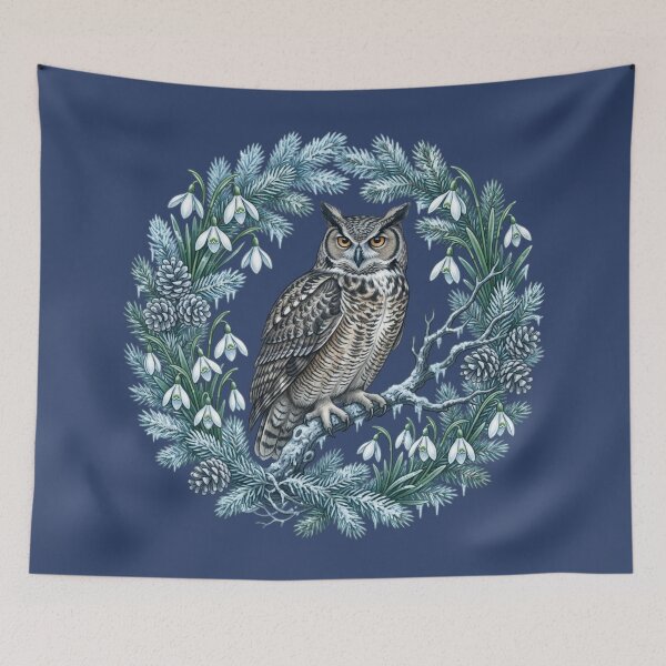 Item preview, Winter Great Horned Owl with Snowdrops and Pinecones designed and sold by BirdsnStuff.
