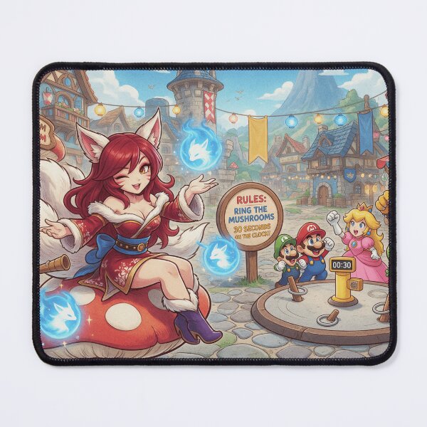 Item preview, Super Mario mushroom party with Ahri and Teemo designed and sold by LeagueHeavenGG.