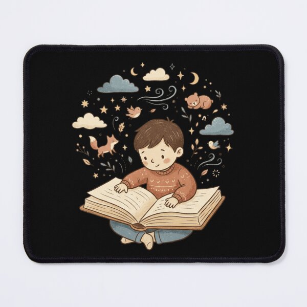 Item preview, Boy Reading Storybook Magical Woodland Night Sky Cozy Vintage Cartoon Art designed and sold by mood-draftsman.
