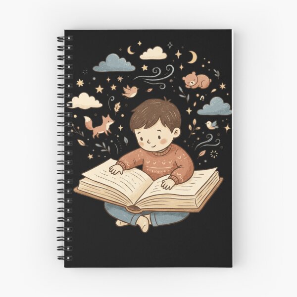 Item preview, Boy Reading Storybook Magical Woodland Night Sky Cozy Vintage Cartoon Art designed and sold by mood-draftsman.