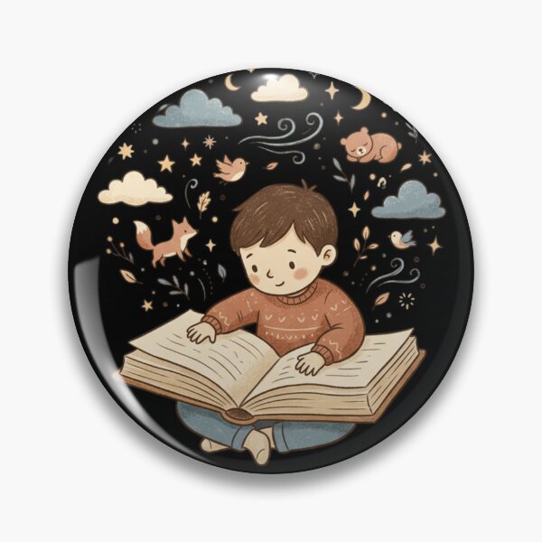 Item preview, Boy Reading Storybook Magical Woodland Night Sky Cozy Vintage Cartoon Art designed and sold by mood-draftsman.