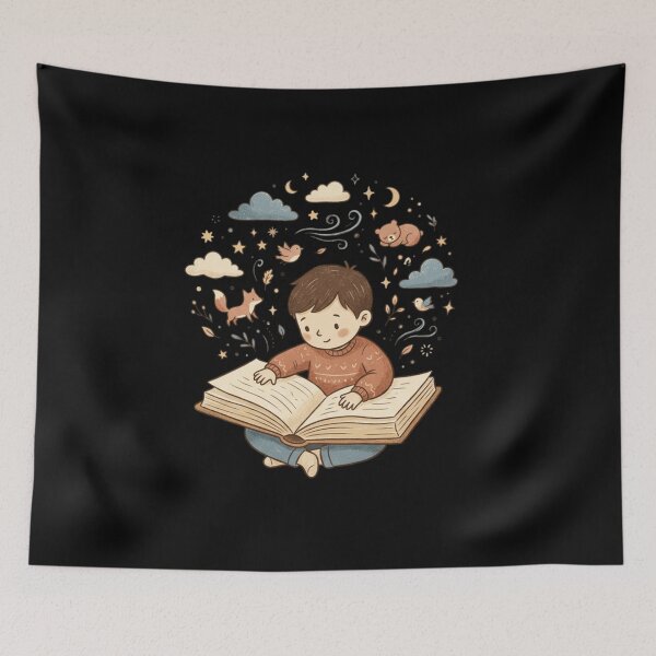 Item preview, Boy Reading Storybook Magical Woodland Night Sky Cozy Vintage Cartoon Art designed and sold by mood-draftsman.