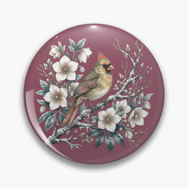 Item preview, Winter Female Northern Cardinal With White Blossoms designed and sold by BirdsnStuff.