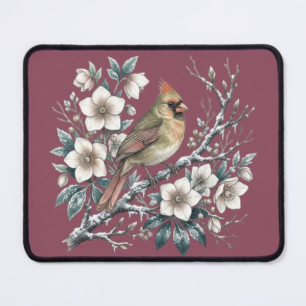 Item preview, Winter Female Northern Cardinal With White Blossoms designed and sold by BirdsnStuff.