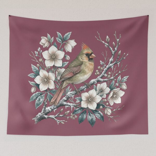 Item preview, Winter Female Northern Cardinal With White Blossoms designed and sold by BirdsnStuff.