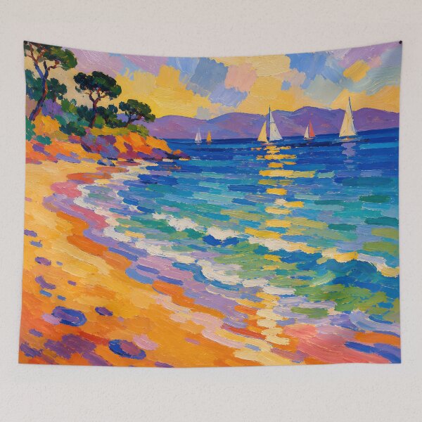 Item preview, Colorful Sailboats on Mediterranean Beach Impasto Seascape designed and sold by GutyzDesignsES.