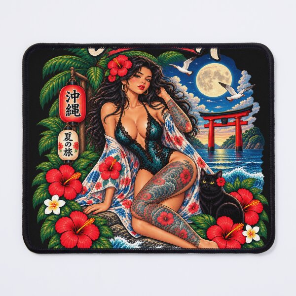 Item preview, Okinawa Tattoo Pin-Up Girl – Tropical Japan Black Cat Art designed and sold by Ghostwave Atelier.