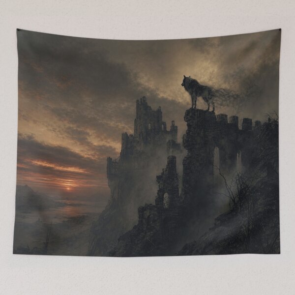 Item preview, Guardian of the Forgotten Keep – Dark Fantasy Wolf designed and sold by DreamyWallVibes.