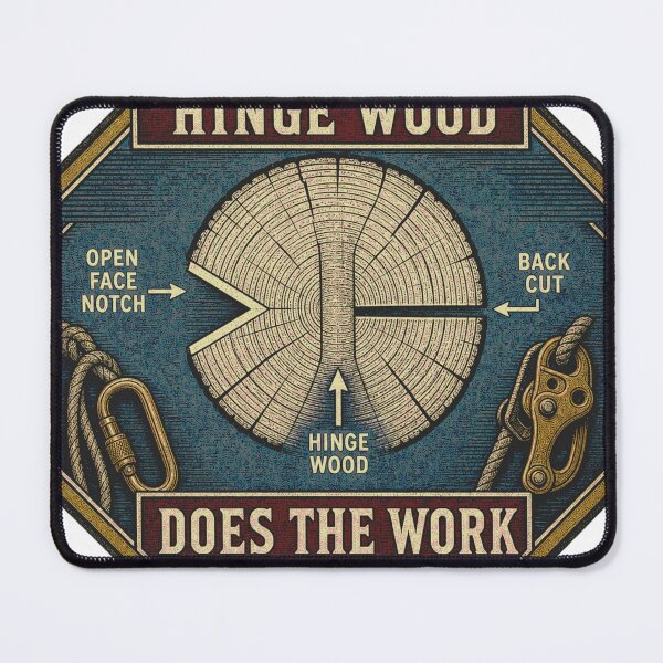 Item preview, Hinge Wood Does The Work Felling Technique Badge designed and sold by BoosterShop.