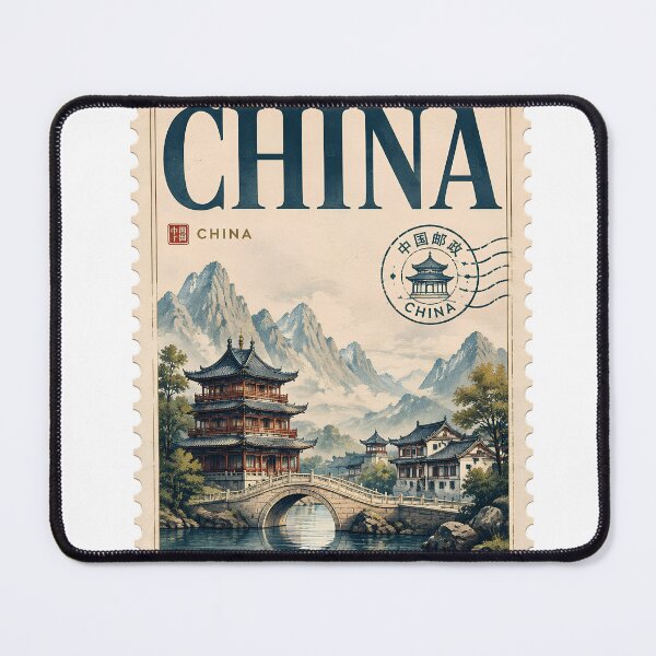 Item preview, China Heritage Vintage Stamp Poster | Ancient Chinese Landscape Art | Traditional Asian Architecture Illustration designed and sold by TialCorner.