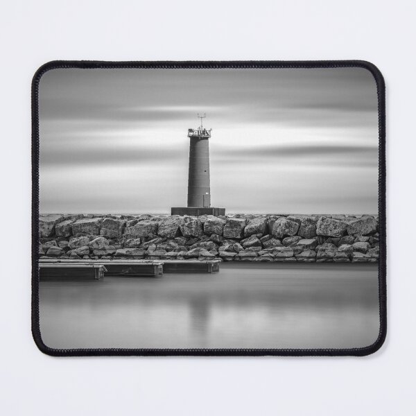 Item preview, sunrise and lighthouse behind smooth water in Sheboygan Wisconsin in black and white designed and sold by TerraMediaLLC.