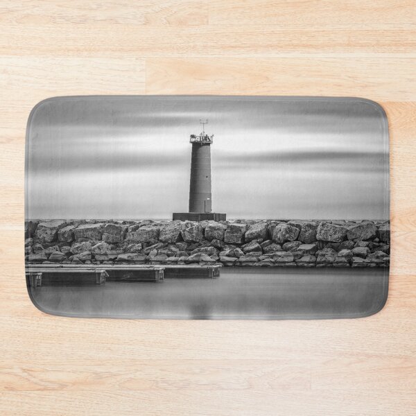 Item preview, sunrise and lighthouse behind smooth water in Sheboygan Wisconsin in black and white designed and sold by TerraMediaLLC.