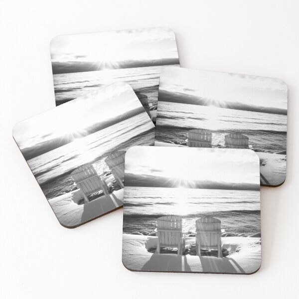 Item preview, Adirondack chairs on the Lake Michigan shore in winter at sunrise in Sheboygan Wisconsin black and white designed and sold by TerraMediaLLC.