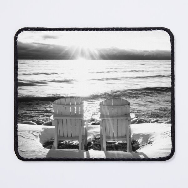 Item preview, Adirondack chairs on the Lake Michigan shore in winter at sunrise in Sheboygan Wisconsin black and white designed and sold by TerraMediaLLC.