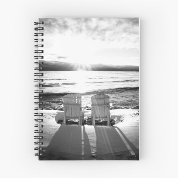 Item preview, Adirondack chairs on the Lake Michigan shore in winter at sunrise in Sheboygan Wisconsin black and white designed and sold by TerraMediaLLC.
