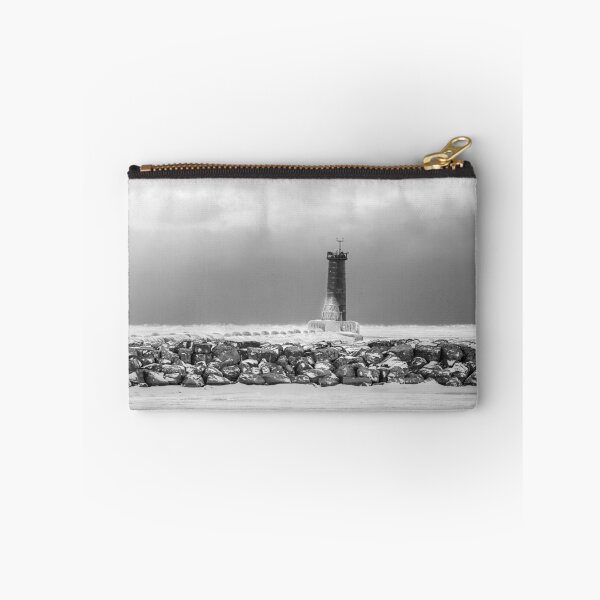 Item preview, Ice covered Sheboygan Wisconsin lighthouse in black and white designed and sold by TerraMediaLLC.