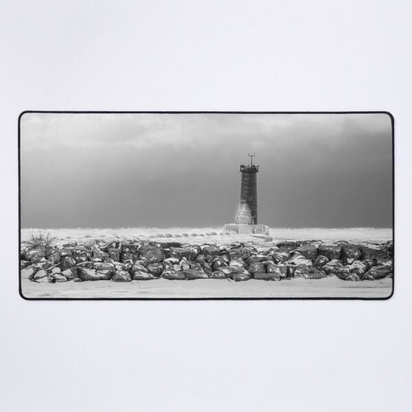 Item preview, Ice covered Sheboygan Wisconsin lighthouse in black and white designed and sold by TerraMediaLLC.