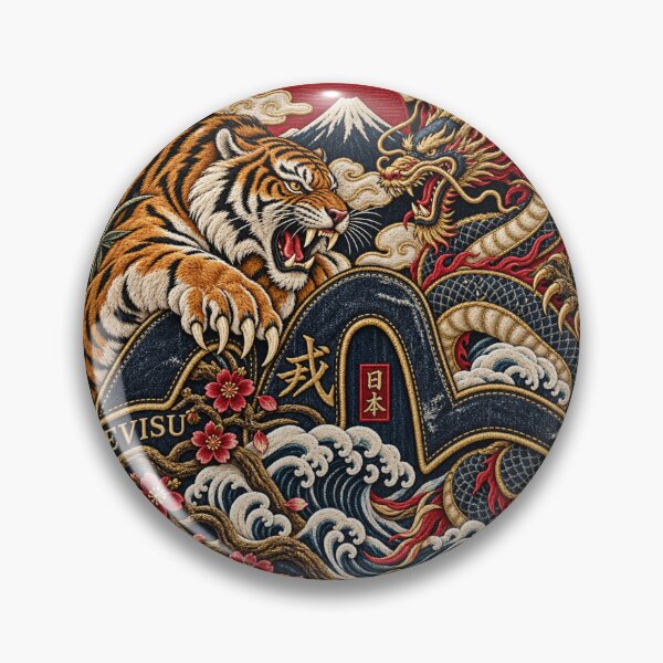 Item preview, Japanese Tiger & Dragon Embroidery – Denim Streetwear Art with Fuji and Waves designed and sold by Emoji Emblems.