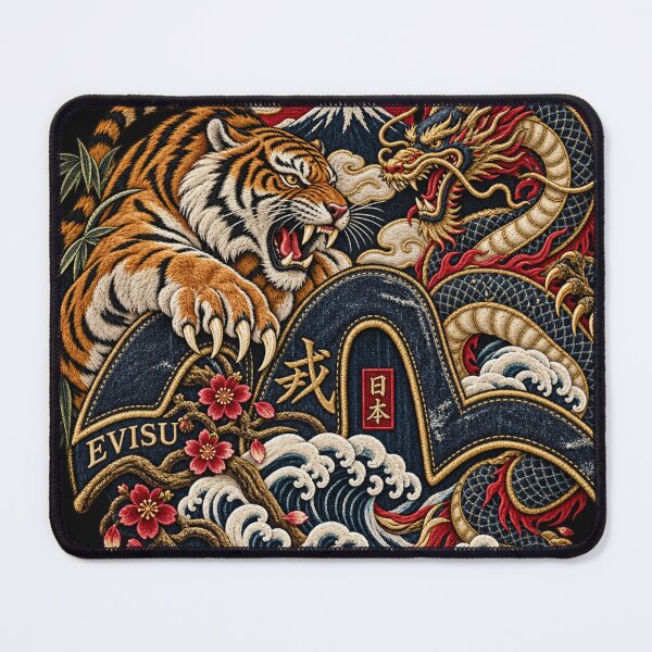 Item preview, Japanese Tiger & Dragon Embroidery – Denim Streetwear Art with Fuji and Waves designed and sold by Emoji Emblems.