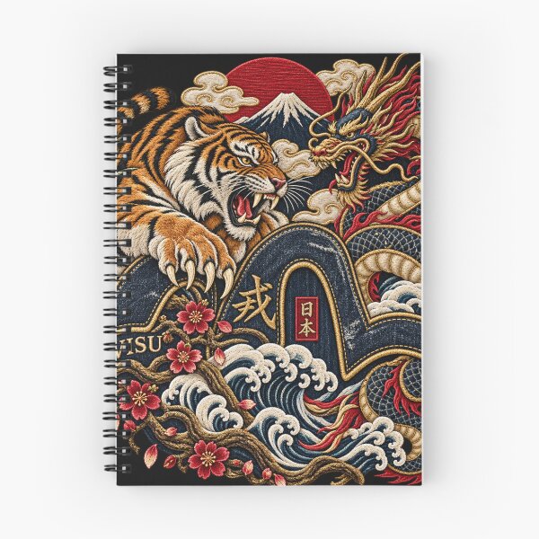 Item preview, Japanese Tiger & Dragon Embroidery – Denim Streetwear Art with Fuji and Waves designed and sold by Emoji Emblems.