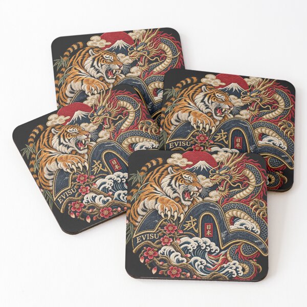 Item preview, Japanese Tiger & Dragon Embroidery – Denim Streetwear Art with Fuji and Waves designed and sold by Emoji Emblems.