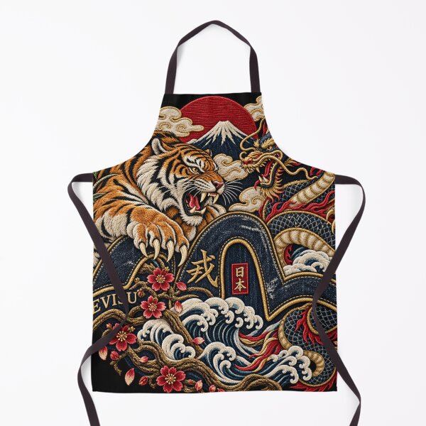 Item preview, Japanese Tiger & Dragon Embroidery – Denim Streetwear Art with Fuji and Waves designed and sold by Emoji Emblems.
