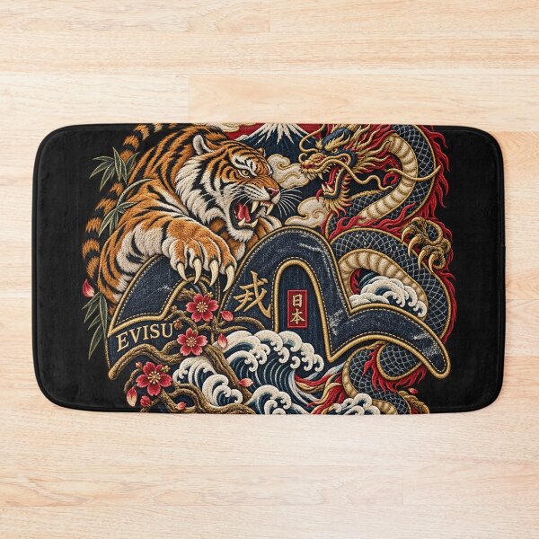 Item preview, Japanese Tiger & Dragon Embroidery – Denim Streetwear Art with Fuji and Waves designed and sold by Emoji Emblems.