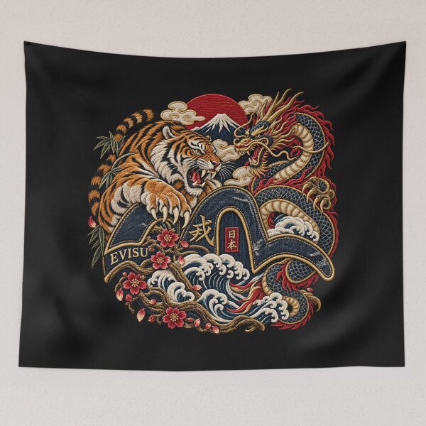 Item preview, Japanese Tiger & Dragon Embroidery – Denim Streetwear Art with Fuji and Waves designed and sold by Emoji Emblems.