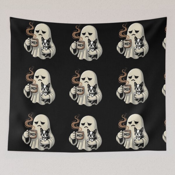 Item preview, Spooky Ghost Drinking Coffee with Boston Terrier Funny designed and sold by Zizo-DR44.