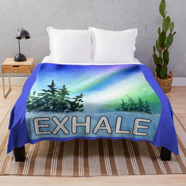 Item preview, Original watercolor of the northern lights and evergreen trees and the word exhale in white. designed and sold by aswoa.