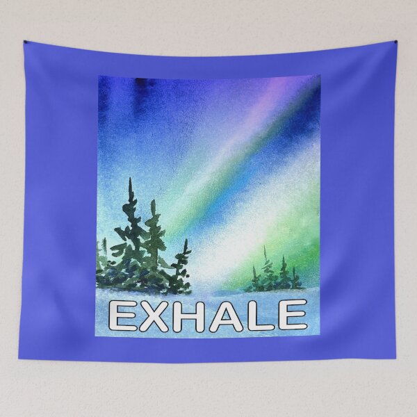 Item preview, Original watercolor of the northern lights and evergreen trees and the word exhale in white. designed and sold by aswoa.