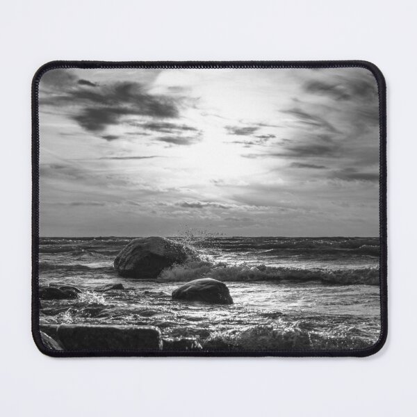 Item preview, sunrise over rocky shore of Lake Michigan in Sheboygan Wisconsin black and white designed and sold by TerraMediaLLC.