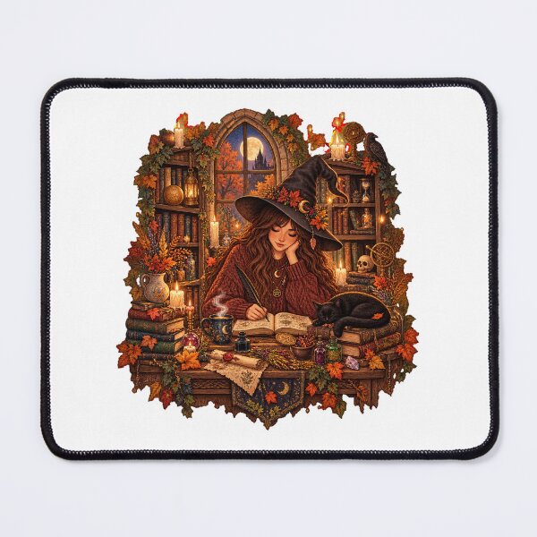 Item preview, Cozy Autumn Witch Reading Magic Book in Enchanted Dark Academia Library designed and sold by FestivityFinds.