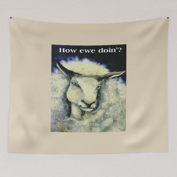 Item preview, Original watercolor portrait of a white ewe with the words, How Ewe Doin'? designed and sold by aswoa.