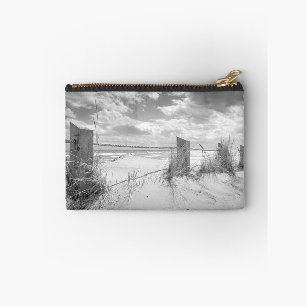 Item preview, Wooden poles and rope fence on beach on Lake Michigan in black and white designed and sold by TerraMediaLLC.