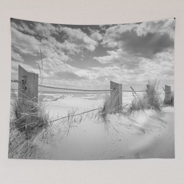 Item preview, Wooden poles and rope fence on beach on Lake Michigan in black and white designed and sold by TerraMediaLLC.
