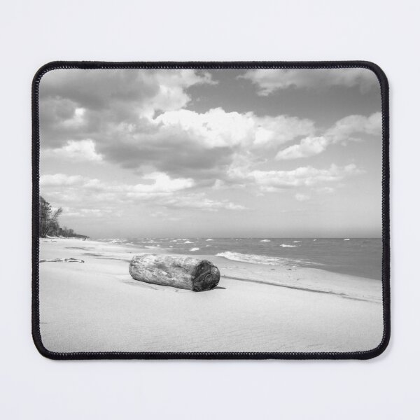 Item preview, Driftwood log on Lake Michigan beach in Sheboygan Wisconsin in black and white designed and sold by TerraMediaLLC.