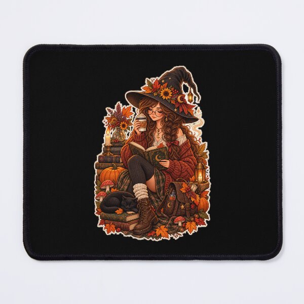Item preview, Cozy Autumn Witch Reading Spell Book with Black Cat Pumpkin Coffee designed and sold by FestivityFinds.
