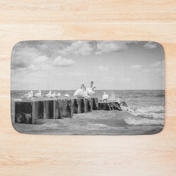 Item preview, White pelicans and gulls on jetty on Sheboygan Wisconsin Lake Michigan in black and white designed and sold by TerraMediaLLC.