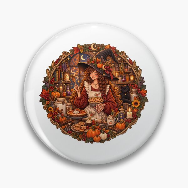 Item preview, Cozy Autumn Witch Baking Pumpkin Pie with Black Cat Magical Cottage designed and sold by FestivityFinds.