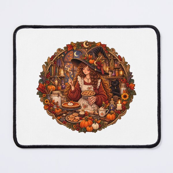 Item preview, Cozy Autumn Witch Baking Pumpkin Pie with Black Cat Magical Cottage designed and sold by FestivityFinds.