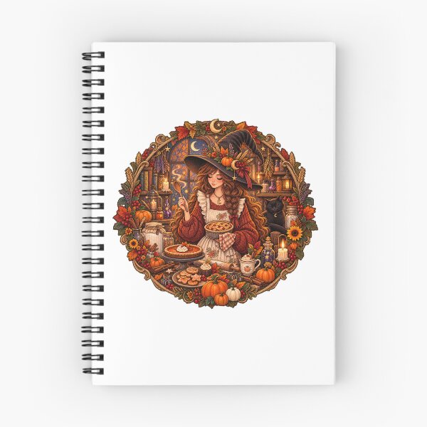 Item preview, Cozy Autumn Witch Baking Pumpkin Pie with Black Cat Magical Cottage designed and sold by FestivityFinds.