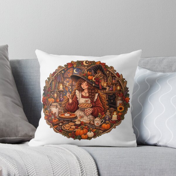 Item preview, Cozy Autumn Witch Baking Pumpkin Pie with Black Cat Magical Cottage designed and sold by FestivityFinds.