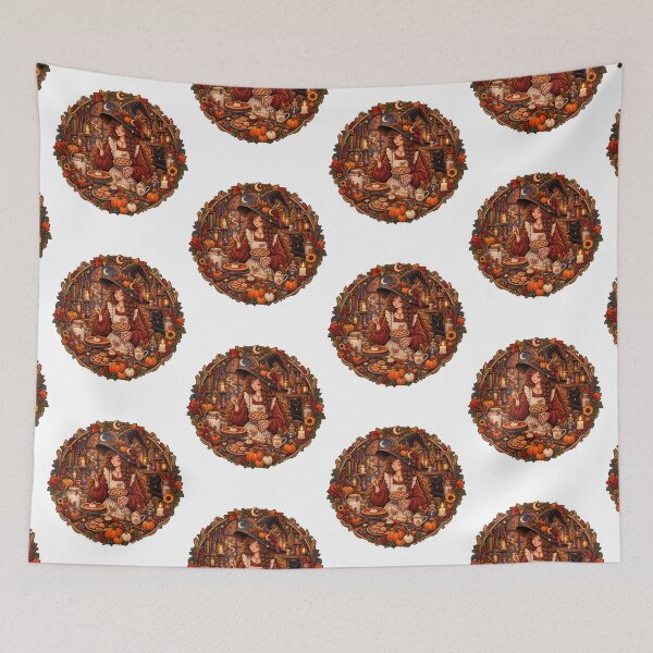 Item preview, Cozy Autumn Witch Baking Pumpkin Pie with Black Cat Magical Cottage designed and sold by FestivityFinds.
