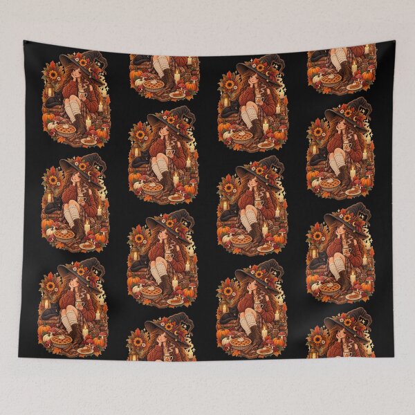 Item preview, Cozy Autumn Witch with Pumpkin Spice Coffee Black Cat Cottagecore designed and sold by FestivityFinds.