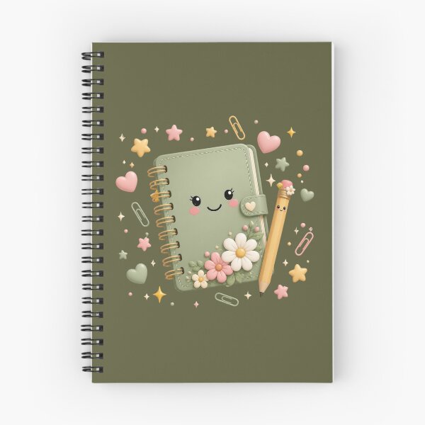 Item preview, Cute Kawaii Green Notebook with Flowers and Pencil designed and sold by All About DigiCraft by Fedelina.